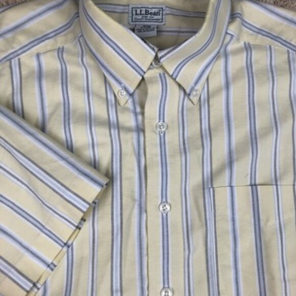 LL Bean Button Up Shirt Yellow Blue Gray Striped Size 16 Reg 0AUR8 Short Sleeve - Picture 1 of 9